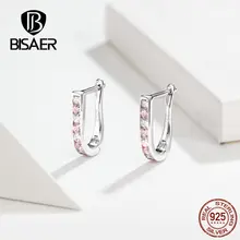 BISAER, серьги с розовым цирконием, 925 пробы, серебро, простые, кубический циркон, серьги-гвоздики для женщин, роскошные свадебные ювелирные изделия ECE658