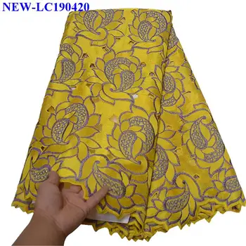

2019 African Swiss Voile Lace Fabric High quality Yellow color 100% cotton French Stones Swiss Voile Laces in Switzerland NXH-05