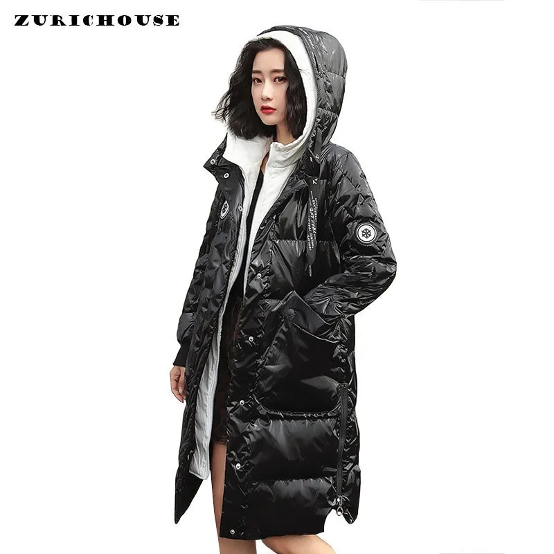 

ZURICHOUSE Original Winter Coats Woman Long Bright Surface Double Hooded Design Warm Parka Female 90% White Duck Down Jacket