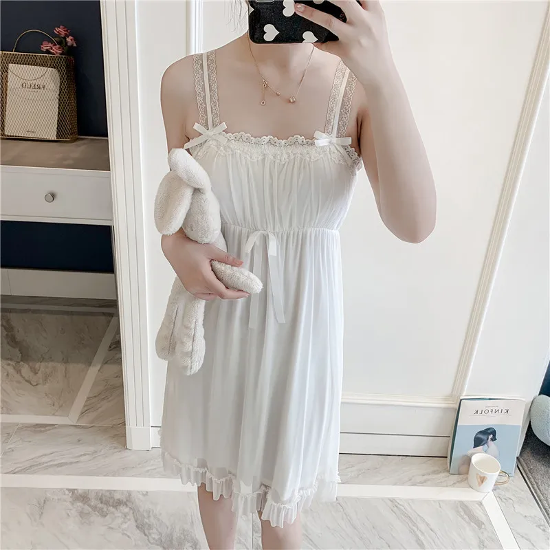 Lovely Retro Women Nightdress Lace Spaghetti Strap Princess Style Nightwear