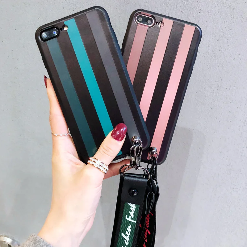 Simple Striped Gradient Phone Case for IPhone X 6 7 6S 8 Soft Silicone Plus Lanyard Anti-fall |