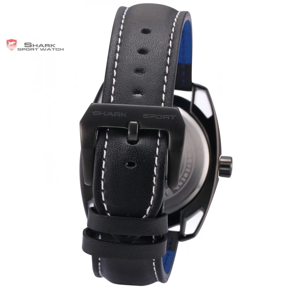 Thresher Shark Sport Watch Montre Homme Black Hollow Lug Blue Case Leather Band Strap Waterproof Quartz Mens Wristwatch / SH474
