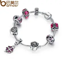 Original Silver Four Leaf Clover Charm Bracelet with Purple Beads for Women Fashion Jewelry PA1436