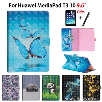 

Case For Huawei MediaPad T3 10 AGS-W09 AGS-L09 AGS-L03 9.6" Cover Funda 3D Cartoon Animal painted Flip Stand Shell +Film+Pen