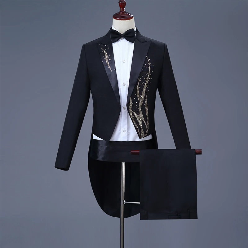 

Men Crystals Swallowtail Suit Black White Stones Tailcoat Bar Singer Show Costume Magician Prom Wedding Host Chorus Stage Outfit