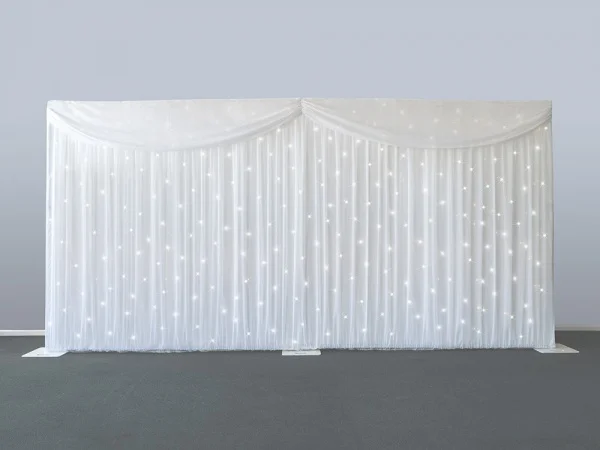 

Pure White Wedding Backdrop starlit stage curtain including drapes and lighting