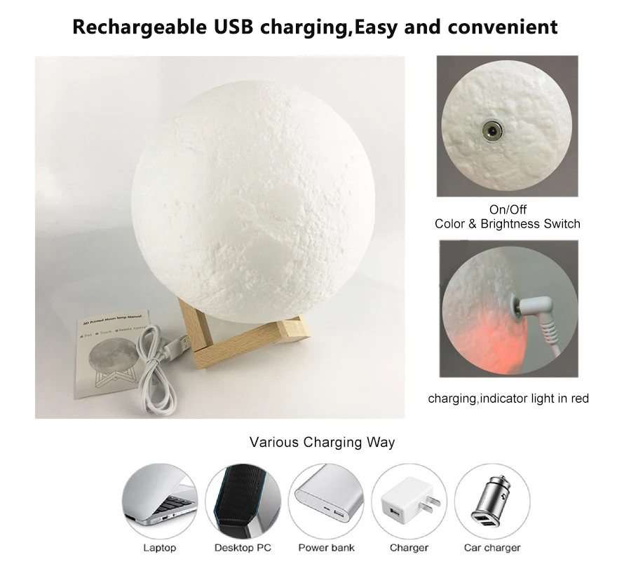 Moon светильник 3D принт с подставкой Луна Перезаряжаемые сенсорный переключатель ночной Светильник для дома Спальня украшения Детский подарок