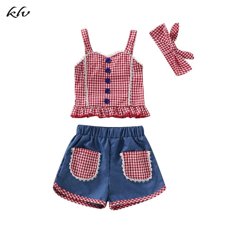 

2019 3pcs Newborn Toddler Baby Girls Plaid Vest Crop Tops + Denim Shorts Pants + Headband Outfits