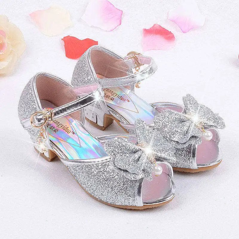 Г. Летние брендовые новые детские сандалии обувь принцессы на высоком каблуке с бантом в стиле Фэнтези золотого цвета Летняя обувь для детей chaussures ballerine fille - Цвет: Silver