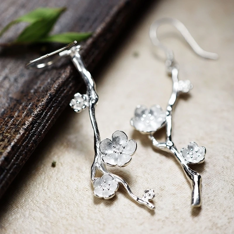 

1pair Handmade Retro Plum Blossom Asymmetric 925 Sterling Silver Earring Ear Stud Ear Drop Fashion Women Jewelry Gift N1