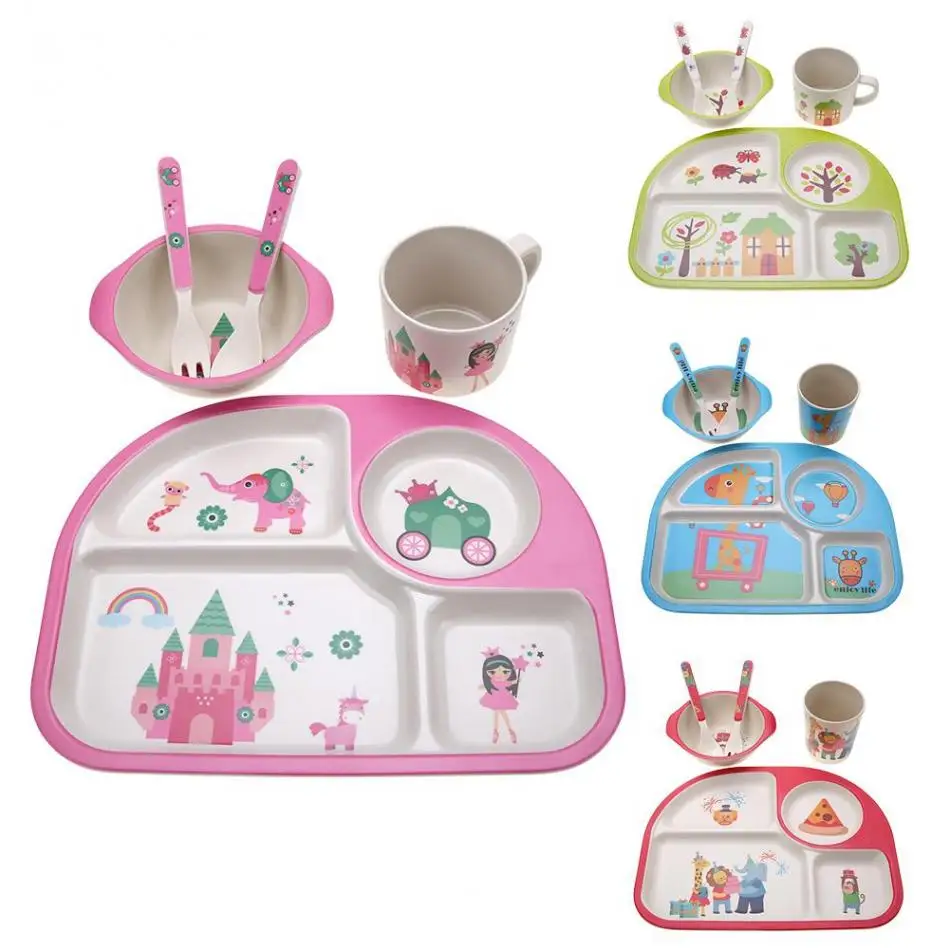 ESTINK, 5 шт./лот, экологичный Детский комплект посуды, чаша с чашкой и ложкой, тарелка из бамбукового волокна, тарелка для кормления детей, посуда