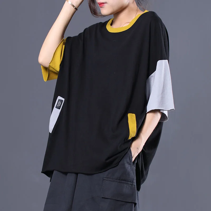 

[EWQ] 2019 Spring Summer New Pattern Round Collar Three Quarter Sleeve Hit Colors Patchwork Pullovers Casual T-shirt Women AG511