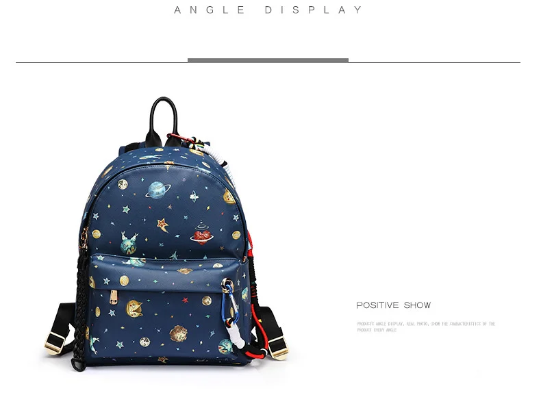 Girls Star Sky Space Planet Printing PU Backpack Women Big Shoulder BackPacks Dark Blue Faux Leather School bag for Teenagers (8)