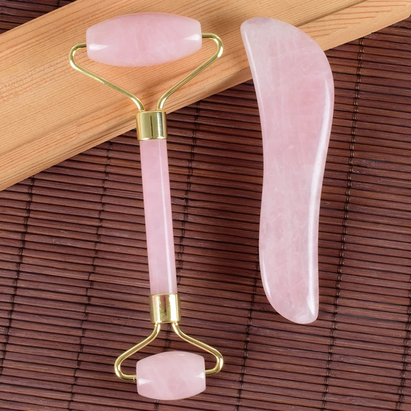 Розовый КВАРЦЕВЫЙ роллер для лица Gua sha набор инструментов натуральный камень спа