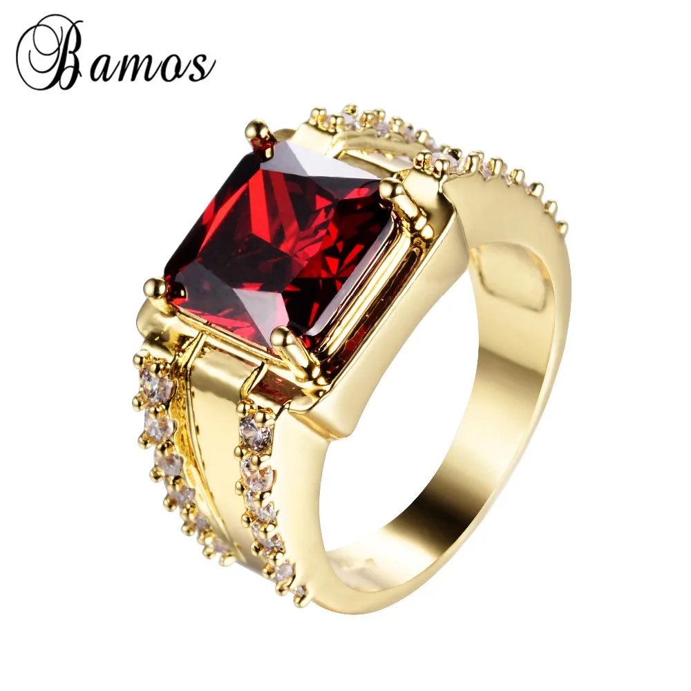 Bamos Joyer a Retro Gran Cuadrado Rojo ZIRCON Piedra Anillo Oro 