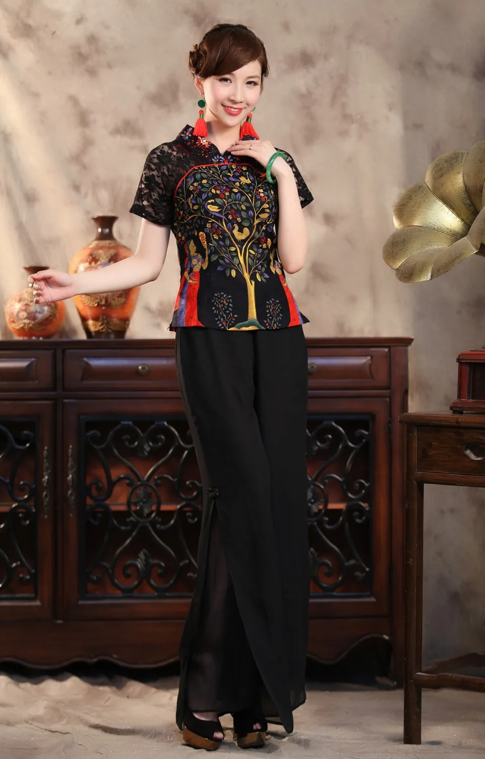 Sexy Black Lace Summer Women Shirt Top Chinese Style Cotton Linen Blouse Tradition Flower Clothing S M L XL XXL XXXL TS001 3