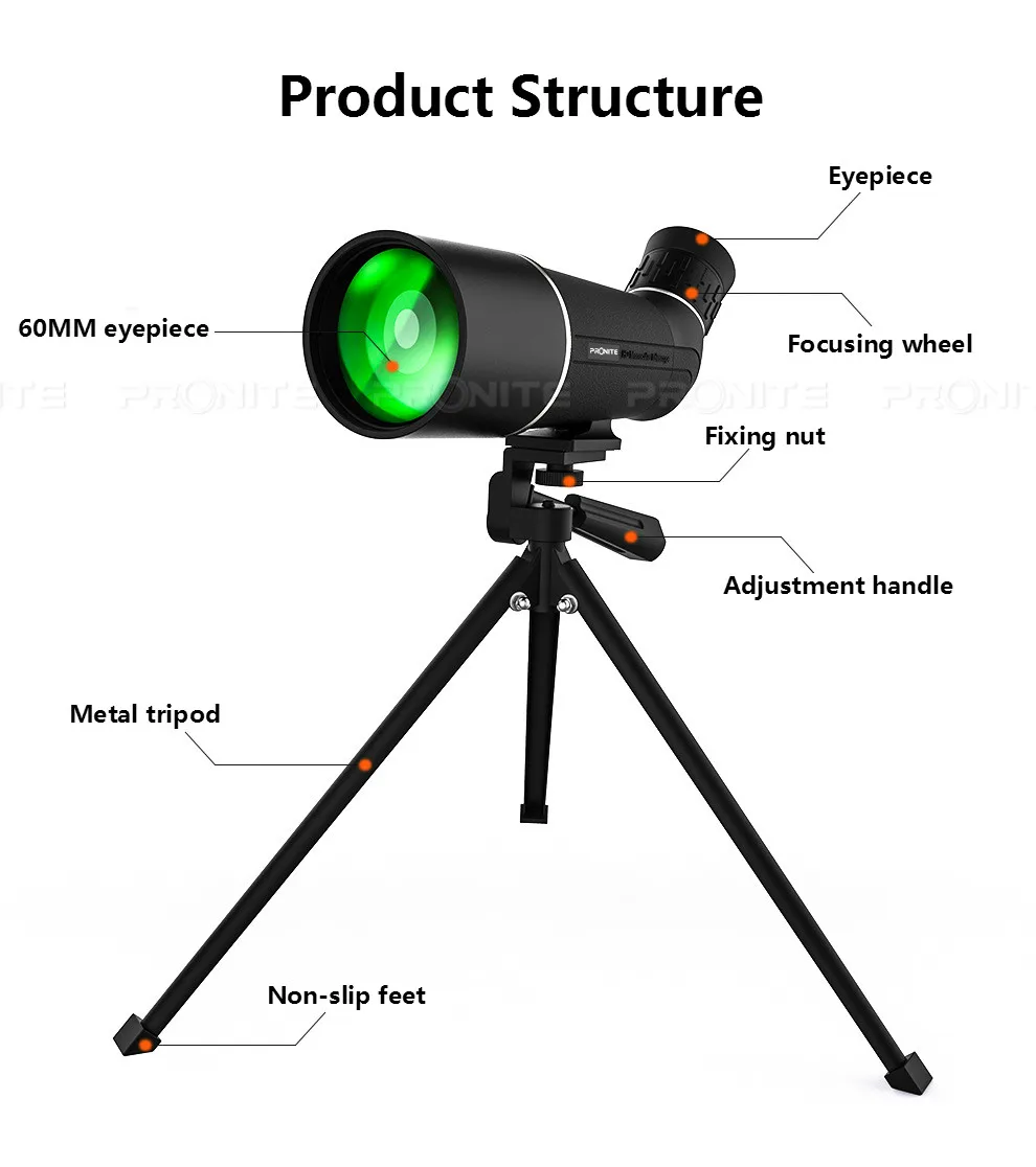 Монокуляр PRONITE для альпинизма, 20x60, Монокуляр, телескоп для наблюдения за птицами, мишень высокого разрешения, светильник для ночного видения