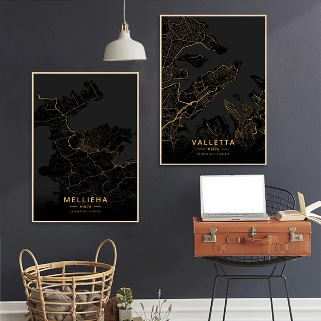 Valletta Mellieha Malta City Gold Map Canvas Art Print Wall