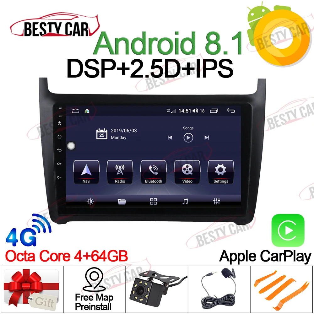 

9" Android 8.1 Car Multimedia Player Stereo Radio for Volkswagen VW POLO Sedan 2008-2015 GPS Navigation DSP IPS