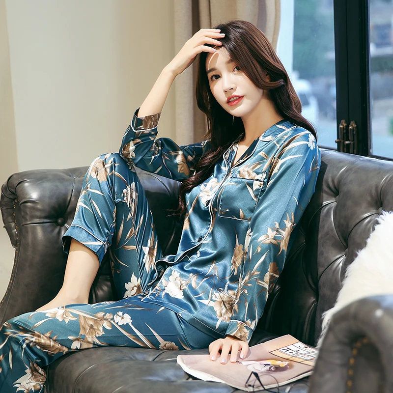 

Fall Women Satin Printed Thin Blouse Suits & Pants Sleepwear Ladies Pyjamas Nightwear Homewear Pajamas 2pcs Sets