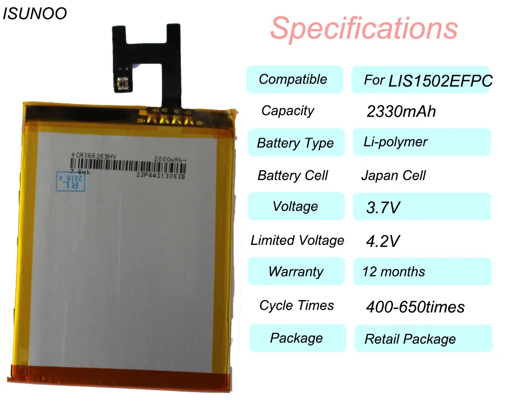 Isunooo LIS1502ERPC реальные 2330 мАч батарея для sony Xperia Z(Сони Иксперия З) L36h L36 c6602 C6603 S39H C2305 M2 S50H D2303 D2305 D2306 батарея