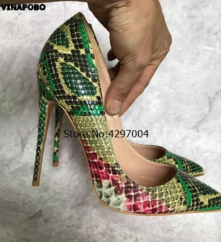 

VINAPOBO New 35-43 Size Sexy Women Pumps Green Snake Pattern Extreme high heels Shoes Pointy Toe Fashion Party Dress Shoes Woman