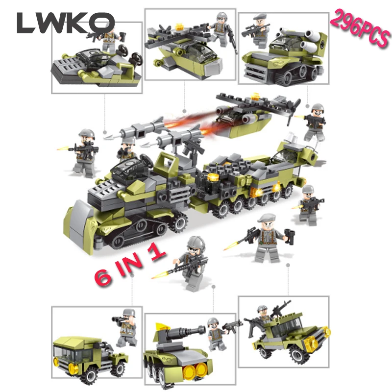 

296pcs 6in1 Military Vehicle Soldier Set Building Blocks bricks Compatible legoed city Army weapon DIY Educational Children Toys