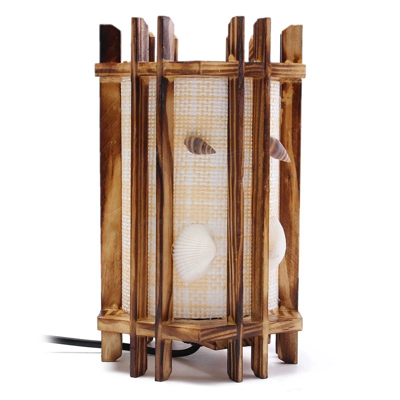Warm Light Vintage Antique Wooden Seashells Table Lamp Table Light For Bedroom Living Room Desk Lamp With Cable
