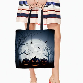 

Happy Halloween Designs Printing Tote Bag For Shopping Food Convenience Women Shoulder White Canvas Hand Bags Full Moon Night