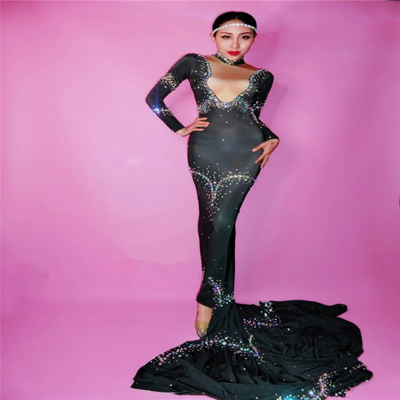 

S52 Ballroom dance Black Glass Stones Skinny Fishtail Dress Sexy Bling Crystal Trailing Dress Women singer stage wears outfit