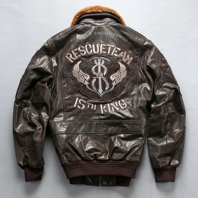

Factory 2019 New Men Black Air force flight A1 Pilot Sheepskin Jacket 3D Embroidery Anchor rod Slim Short bomber Jacket