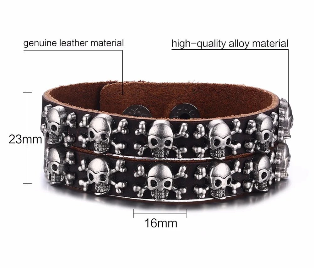 Mens Womens Punk Leather Bracelets 2 Row Skull Head Crossbone Heavily Metal Style Wristband Cuff Bracelet Men Hiphop Adjustable Jewelry 15