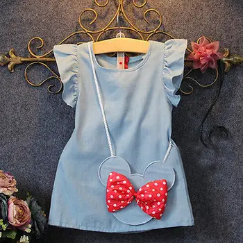 

2016 Baby Toddlers Kids Girl Solid Dress Sleeveless Bag Ruffles Demin Casual Dresses 1-5Y
