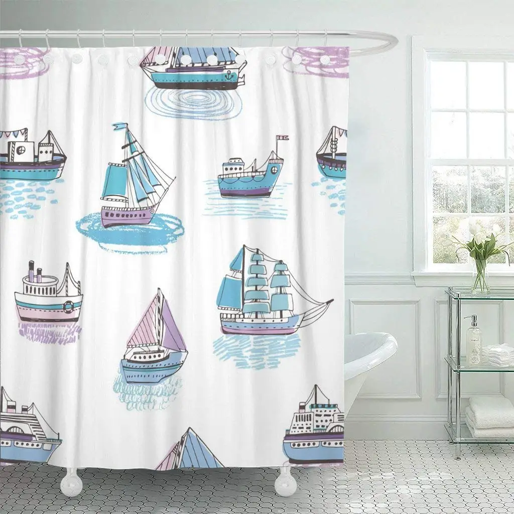 Fabric Shower Curtain with Hooks Colorful with Doodle Ships Yachts