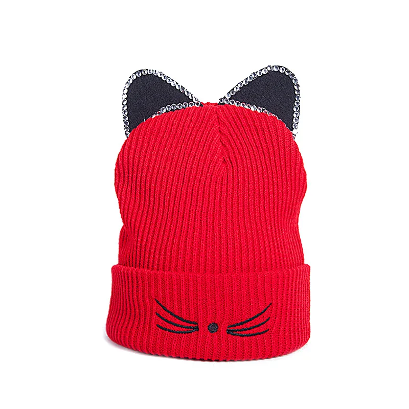 MOLIXINYU/Детская вязаная зимняя шапка со стразами для девочек и мальчиков; детская хлопковая шапка с ушками; детская теплая шапка - Цвет: red