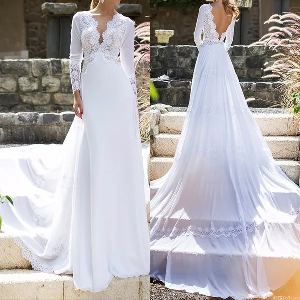 Beach Style Sexy Backless Wedding Dress 2017 Chiffon Lace V-Neck Long Sleeve A-Line Wedding Dresses White Long Sleeve Wedding Dress