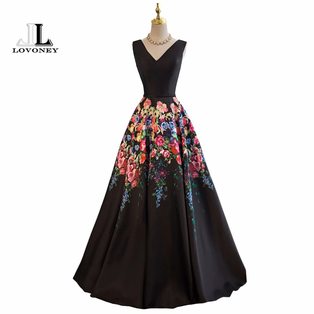 LOVONEY Evening Dresses Long A Line V Neck Sexy Formal Dress Flower Pattern Satin Party Dresses Evening Gown Lace-Up Back M242 LOVONEY Evening Dresses Long A Line V Neck Sexy Formal Dress Flower Pattern Satin Party Dresses Evening Gown Lace-Up Back M242