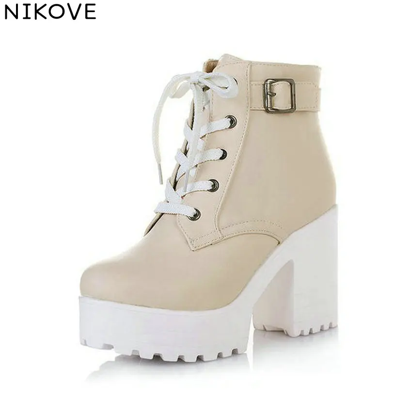 

NIKOVE New 2016 Women Ankle Boots Round Toe Platform Buckle Square High Boots For Women Fashion Winter Punk Shoes Size 34-43