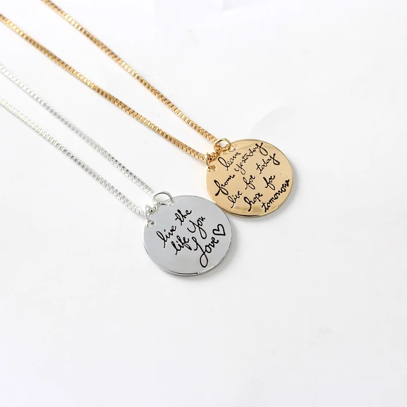 

1pc simple double sides lettering live the life you love learn from yesterday ... round Pendant silver Gold Necklace best gift