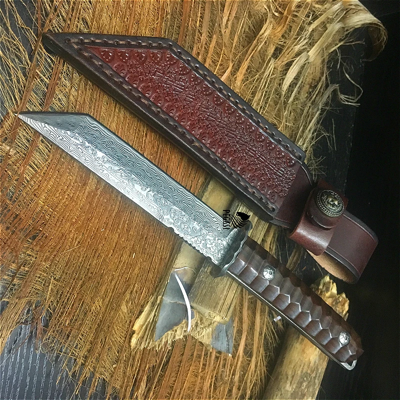 

PEGASI 60 HRC handcrafted Damascus safari collection gifts with straight knife acid-wood branch handles and vegetable tannins