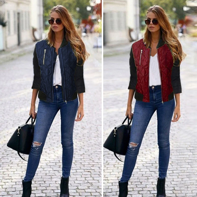 

Casual Mandarin Collar Flight Coat Zipper Stitching Quilted Outwear Plus Size Fashion Women Patchwork Color Bomber Jacket