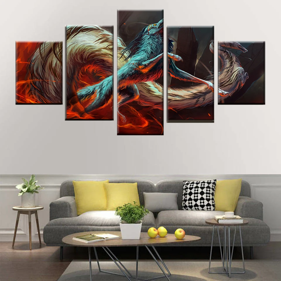 

HD Print Picture 5 Piece Fire Dragon Wolf Canvas Fantasy Game Animal Poster Modular Home Wall Art Deco Frame