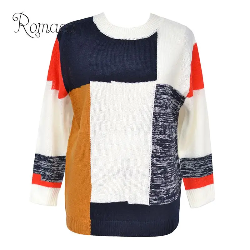 

Romacci Warm Winter Sweaters and Pullovers Autumn Women Knit Sweater Multicolor Block O-Neck Long Sleeve Loose Casual Pullover
