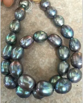 

stnning 10-12mm tahitian baroque black green grey pearl necklace 18"