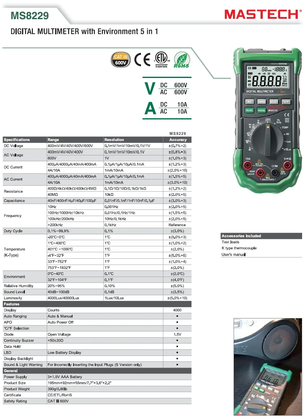 MASTECH MS8229 Цифровой мультиметр 5 в 1 Шум освещения Температура влажность тестер Диагностический Инструмент Авто Диапазон ЖК-дисплей Подсветка