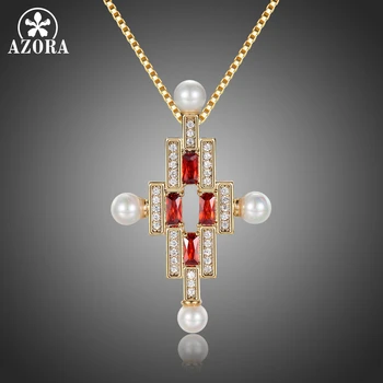 

AZORA Red Cubic Zirconia Cross Pearl Pendant Necklace for Women Gold Short Necklace with Pendant Luxury Statement Jewelry TN0277