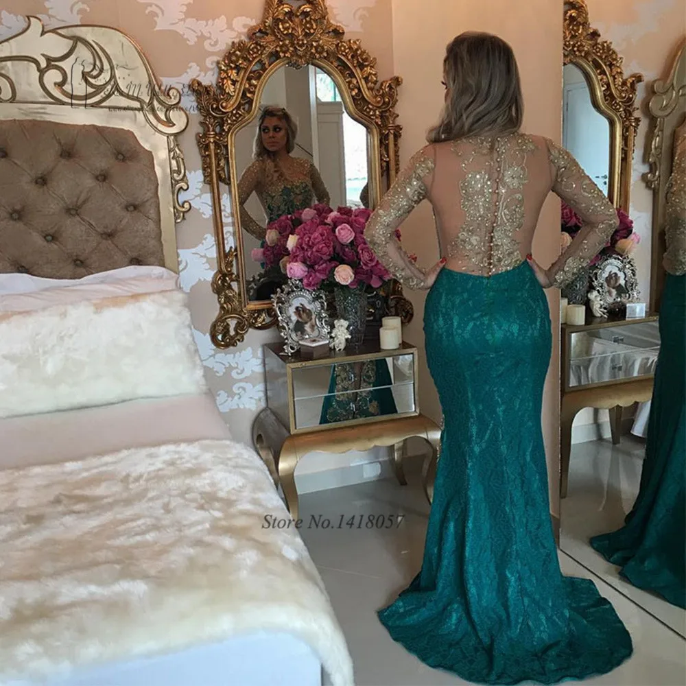 Sexy Formal Green Gold Lace Evening Dresses Long Sleeve Mermaid Prom Dress Beaded Special Occasion Gown Vestido de Festa Abiye Sexy Formal Green Gold Lace Evening Dresses Long Sleeve Mermaid Prom Dress Beaded Special Occasion Gown Vestido de Festa Abiye