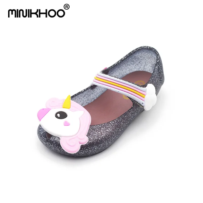 Mini Melissa/; прозрачные сандалии в виде единорога; обувь для девочек; зимняя прозрачная обувь; сандалии в стиле даргона с открытым носком для девочек; нескользящие детские сандалии для малышей - Цвет: Black