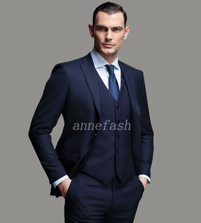 На заказ Высокое качество 150 s камвольная чистая шерсть синий деловой костюм Мужской приталенный костюм(пиджак+ брюки+ жилет - Цвет: jacket pants vest