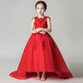 

2019New High Quality Luxury Girls Children Embroidery Flowers Princess Dress Children Elegant Wedding Birthday Party Tail Dress